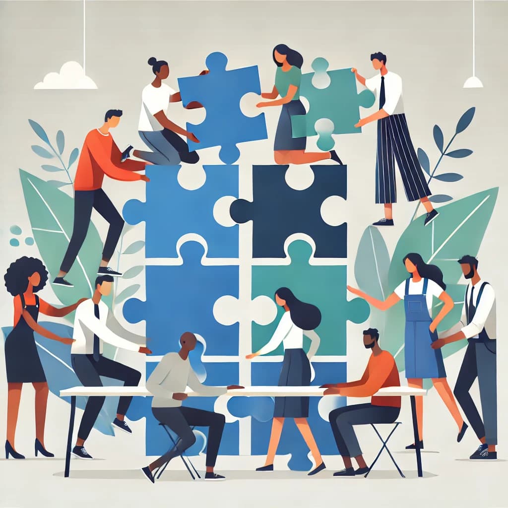 Illustration of a diverse group of people assembling a jigsaw puzzle together